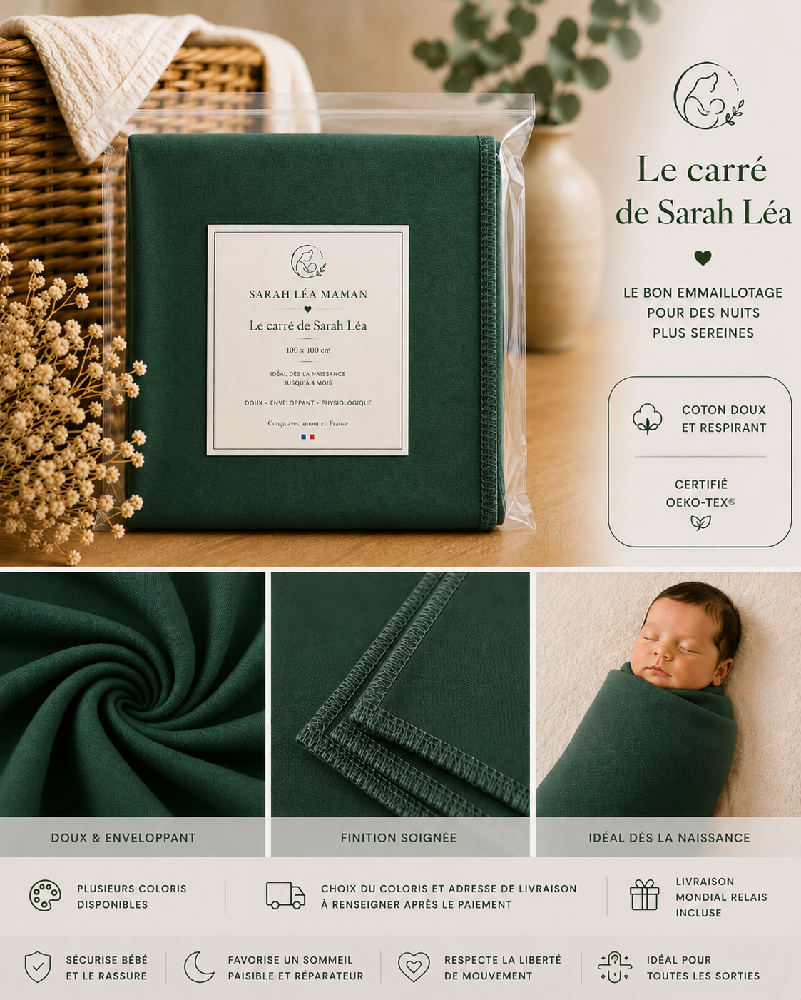 Le Carré de Sarah Léa™ – Couverture d’Emmaillotage Bébé Premium