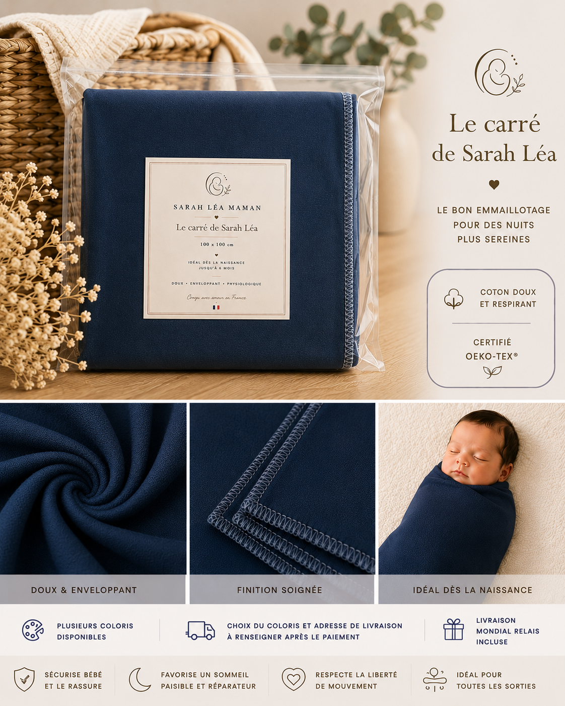 Le Carré de Sarah Léa™ – Couverture d’Emmaillotage Bébé Premium