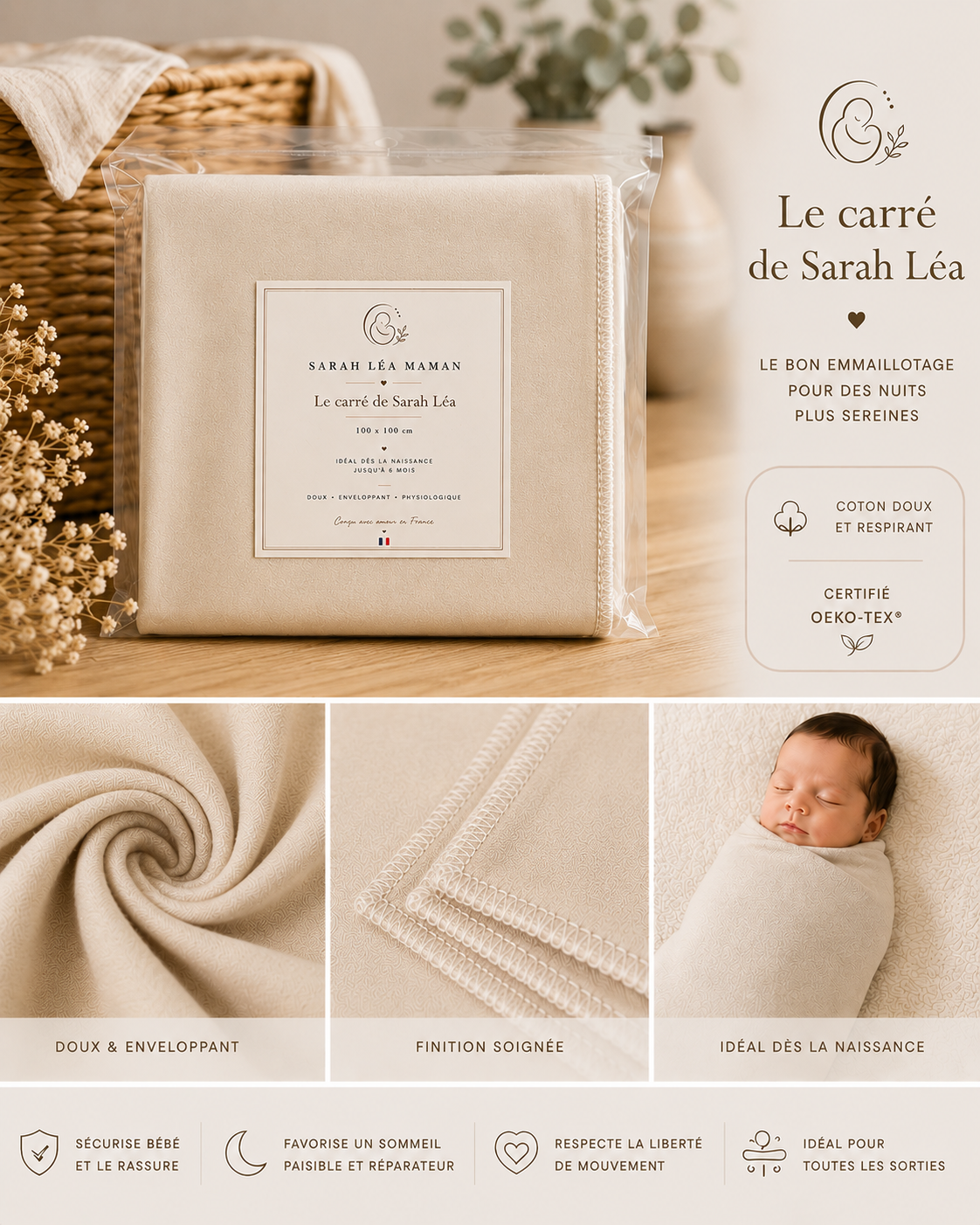 Le Carré de Sarah Léa™ – Couverture d’Emmaillotage Bébé Premium