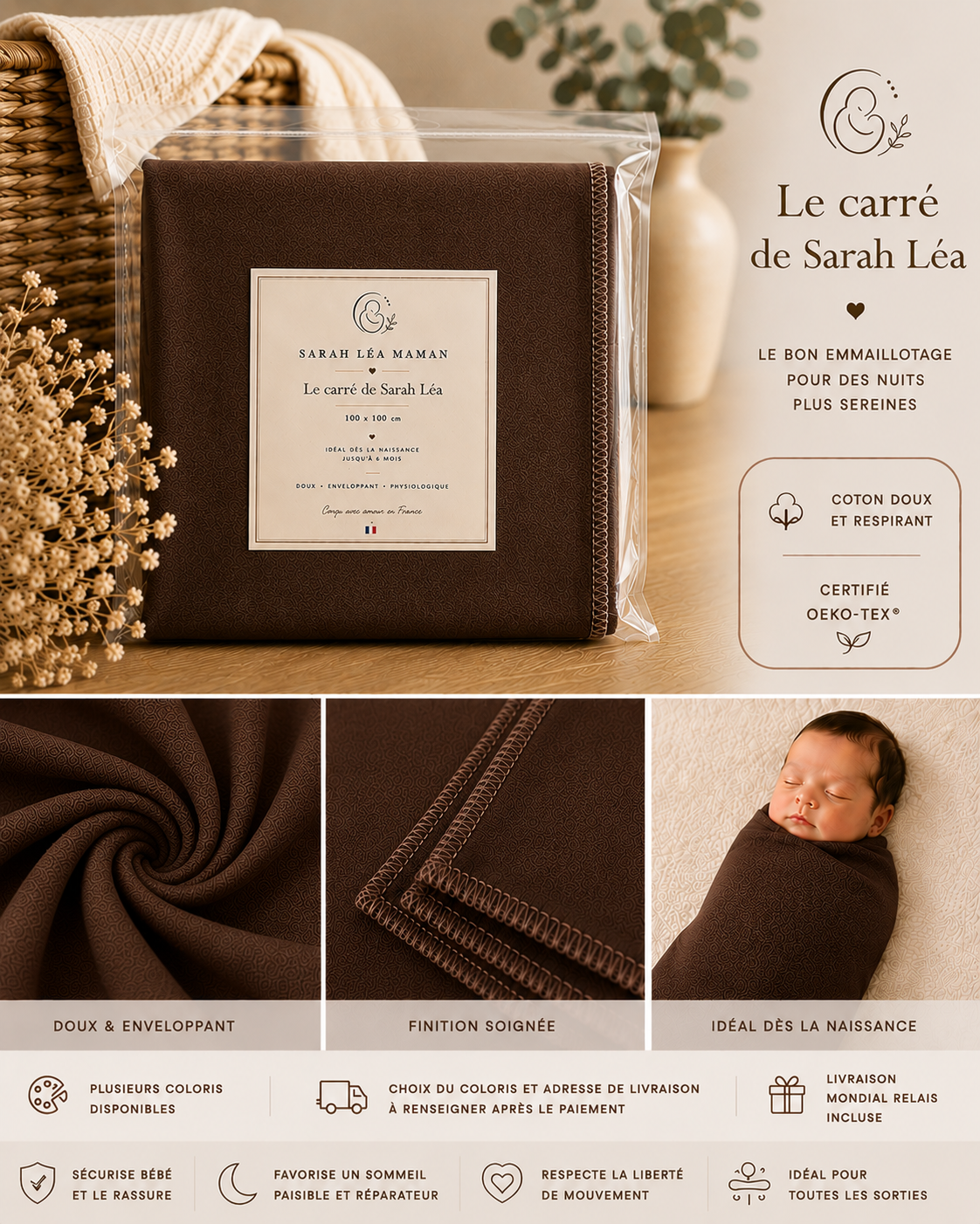 Le Carré de Sarah Léa™ – Couverture d’Emmaillotage Bébé Premium
