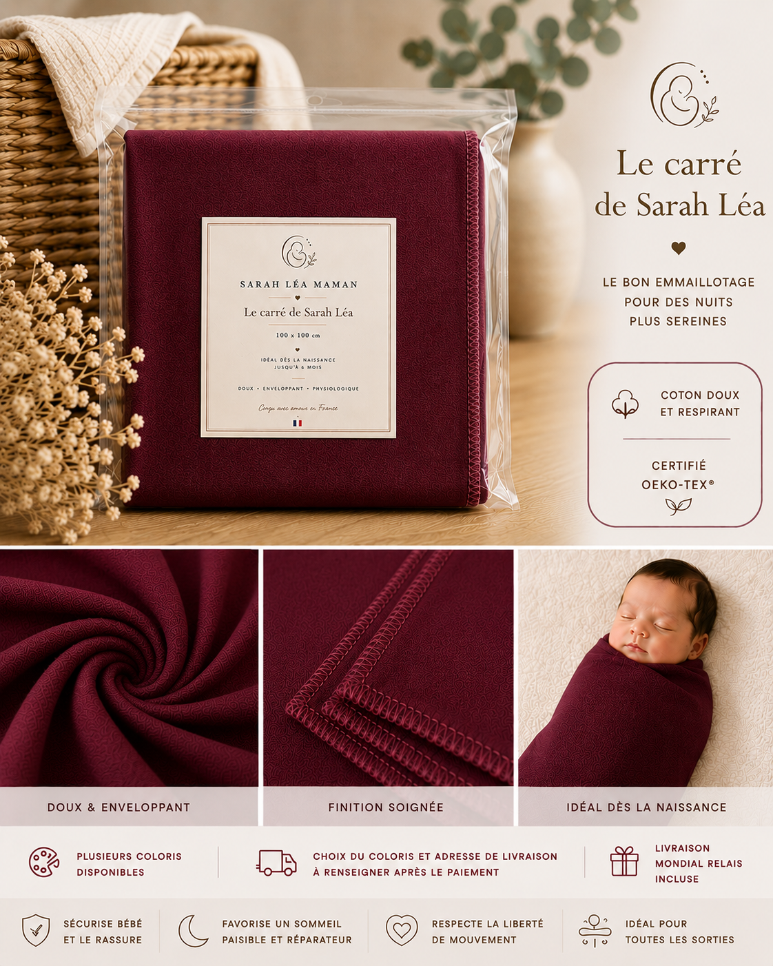 Le Carré de Sarah Léa™ – Couverture d’Emmaillotage Bébé Premium