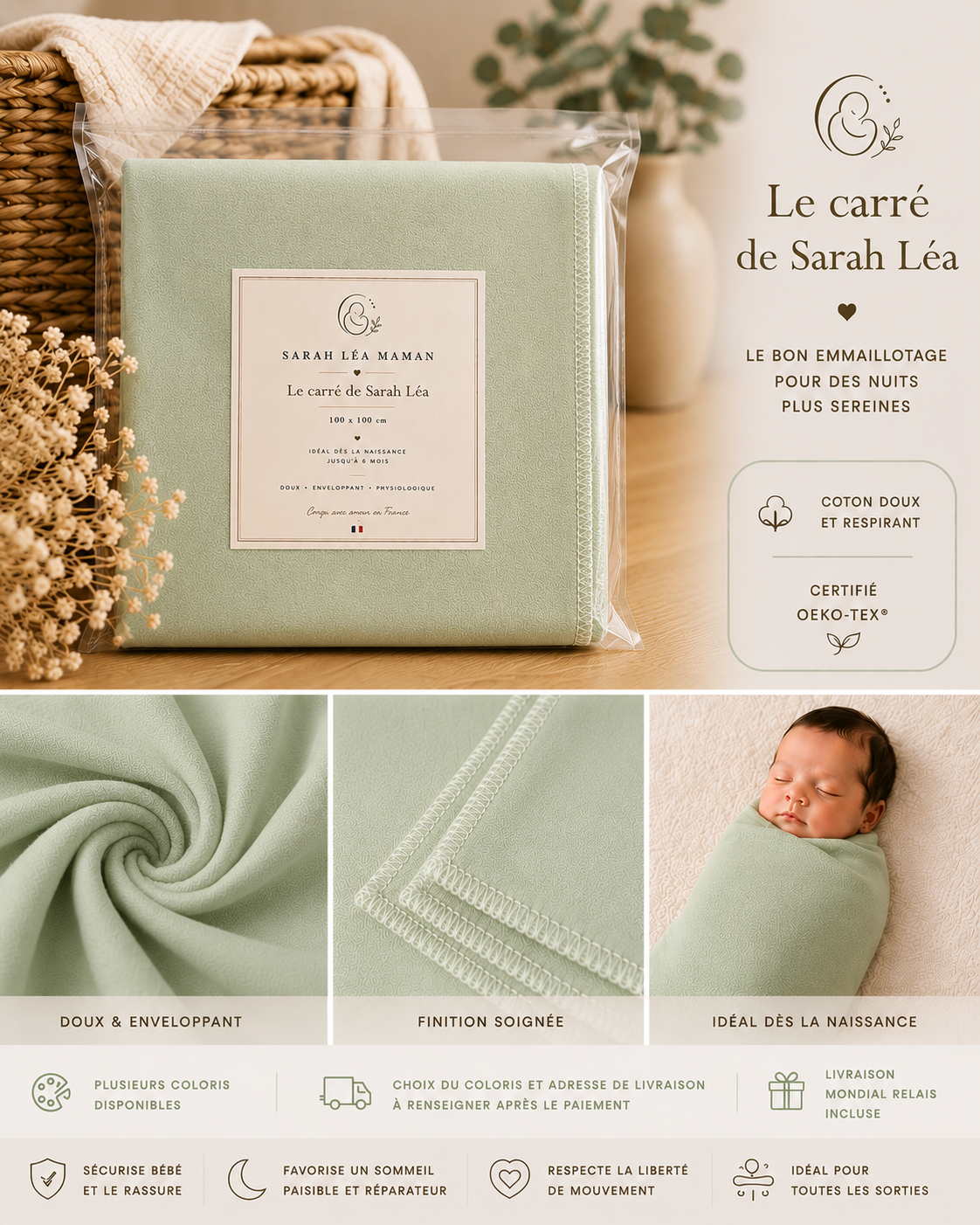 Le Carré de Sarah Léa™ – Couverture d’Emmaillotage Bébé Premium