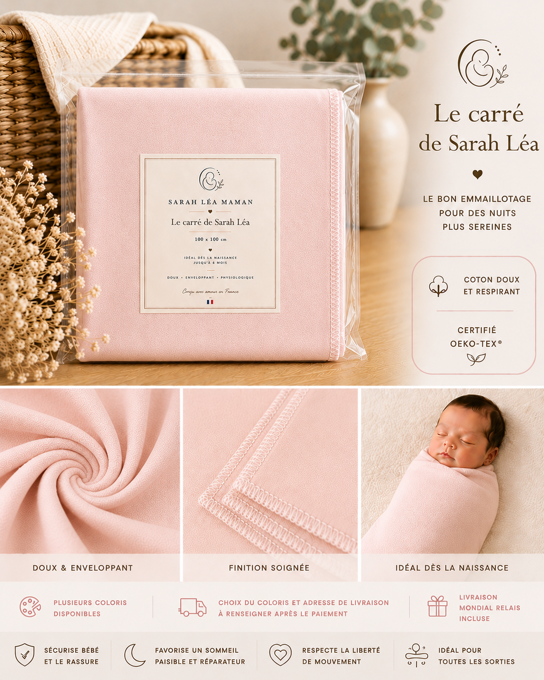 Le Carré de Sarah Léa™ – Couverture d’Emmaillotage Bébé Premium