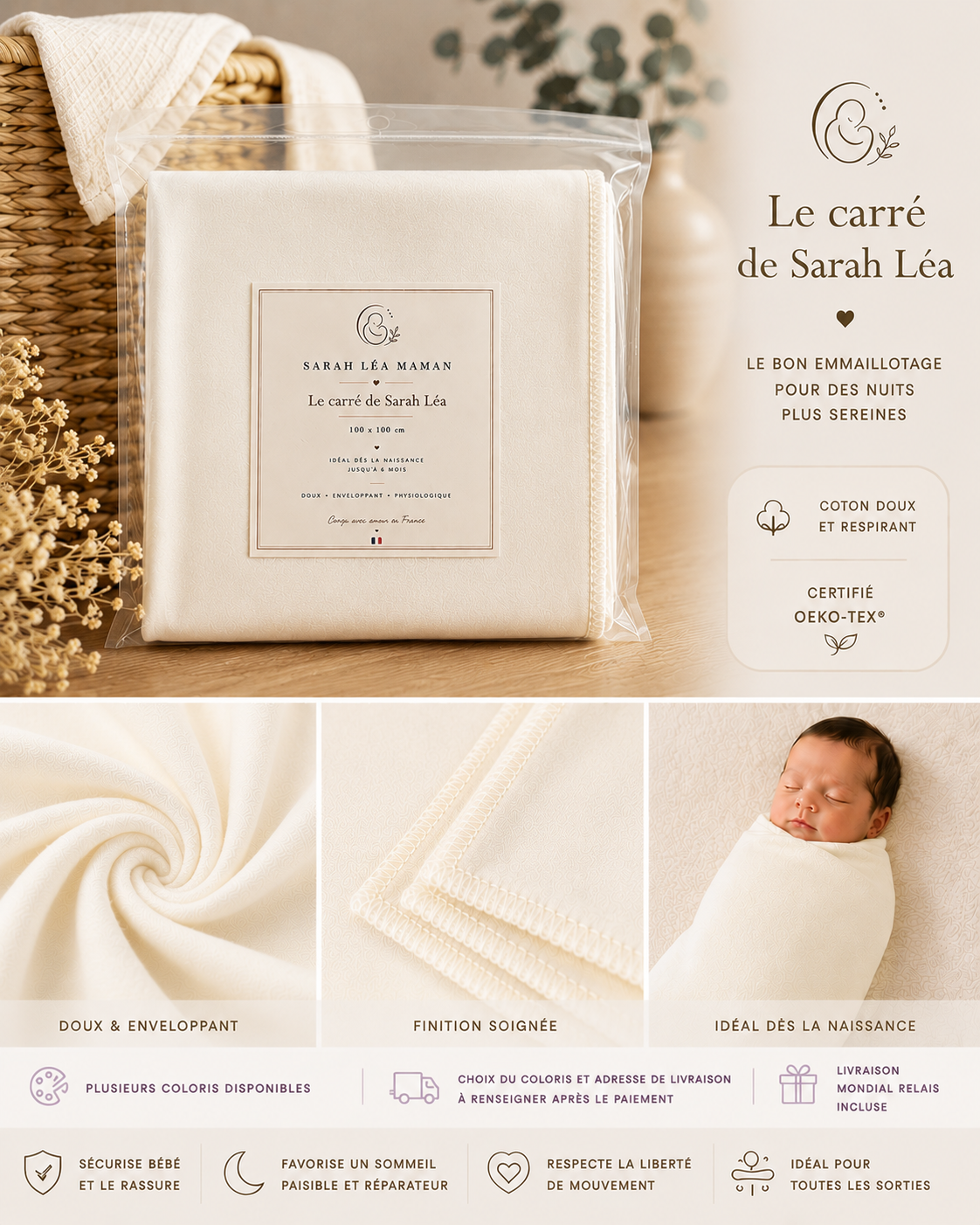 Le Carré de Sarah Léa™ – Couverture d’Emmaillotage Bébé Premium