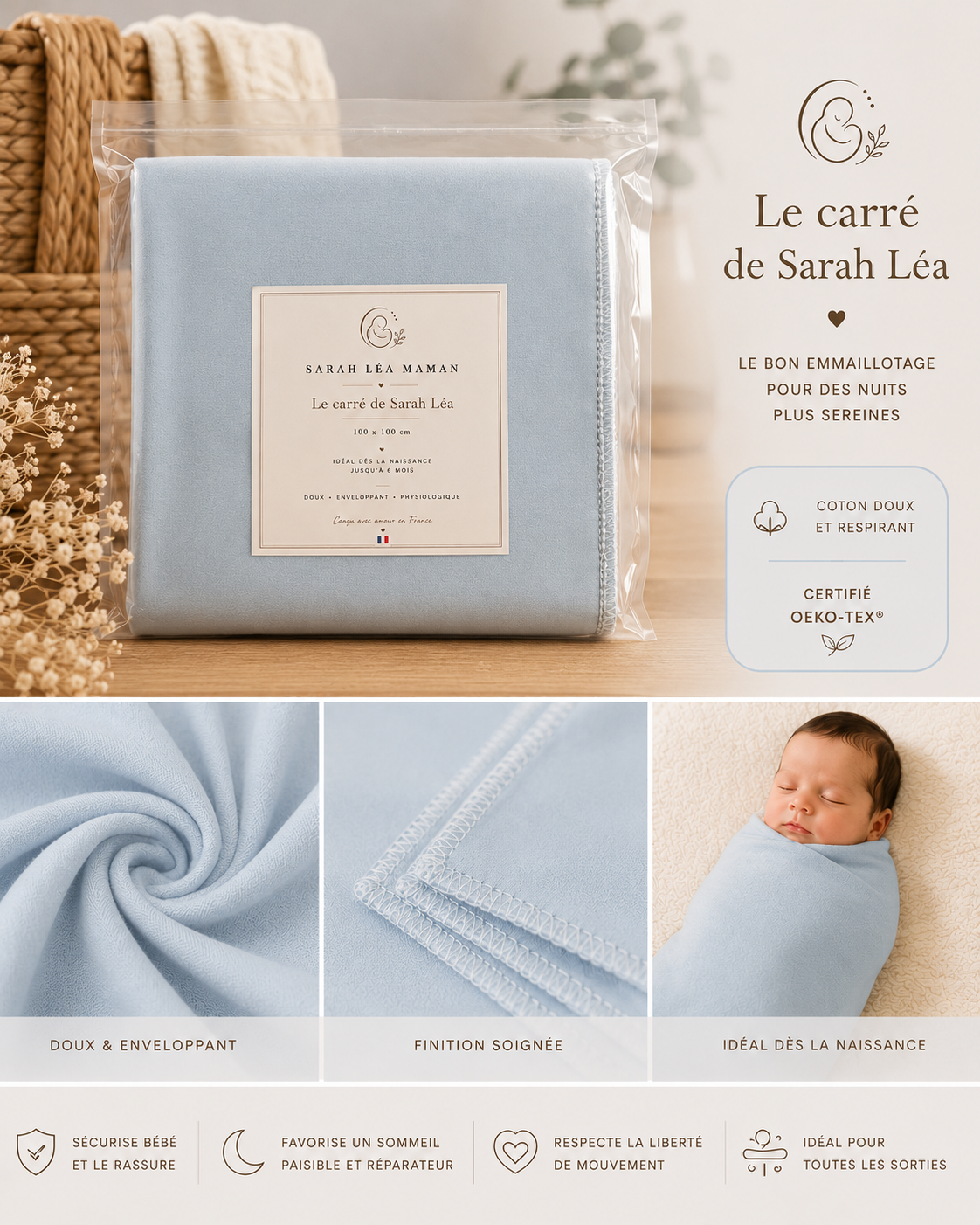 Le Carré de Sarah Léa™ – Couverture d’Emmaillotage Bébé Premium