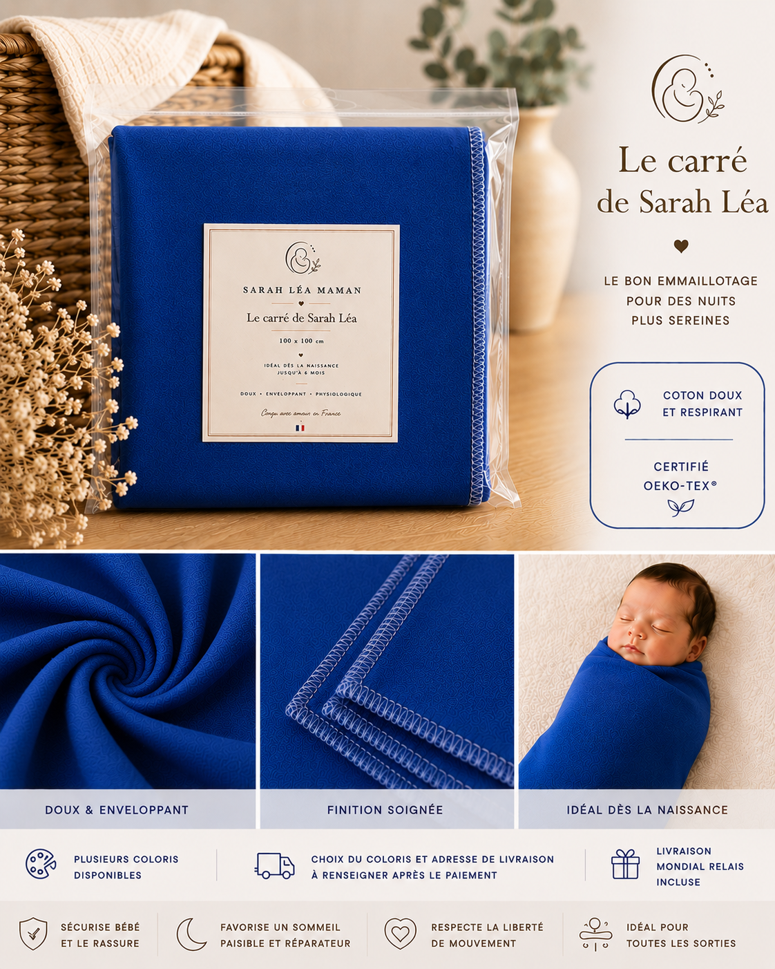 Le Carré de Sarah Léa™ – Couverture d’Emmaillotage Bébé Premium